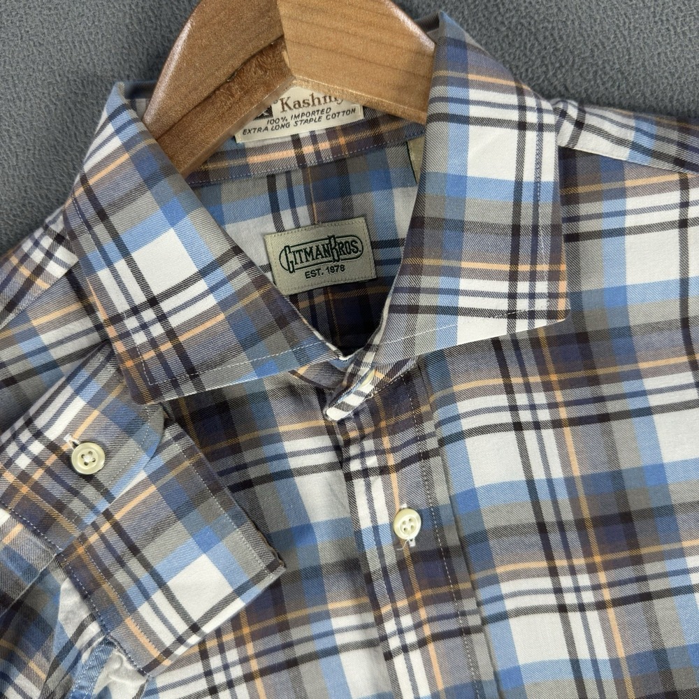 Gitman Bros Shirt Mens Large Blue White Plaid Kashmyl Staple Cotton USA Cutaway